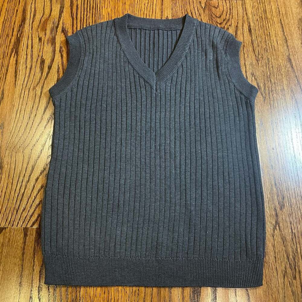Vintage Style Dark Gray Ribbed Knit V-Neck Sweater Vest